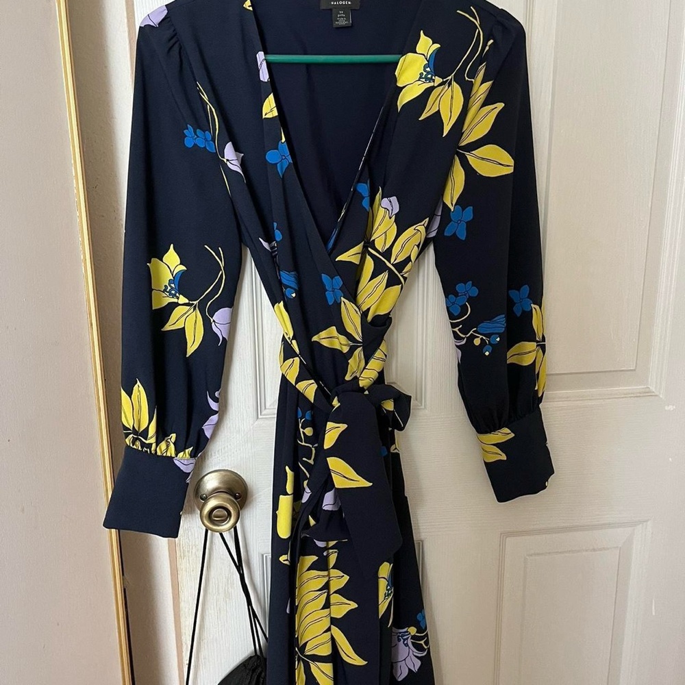 halogen navy blue purple yellow wrap dress size xs petite
